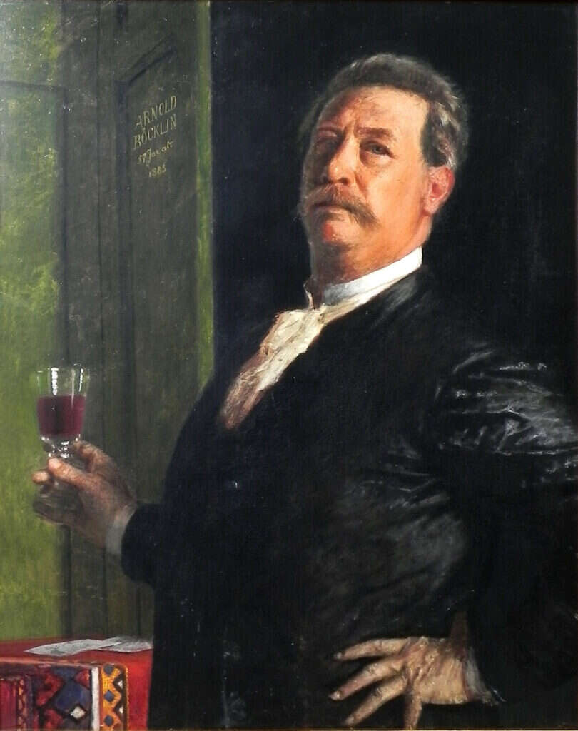 A self-portrait in oil paint of Arnold Bocklin, a middle-aged man with a droopy moustache in a black jacket and white tie holding a glass of wine