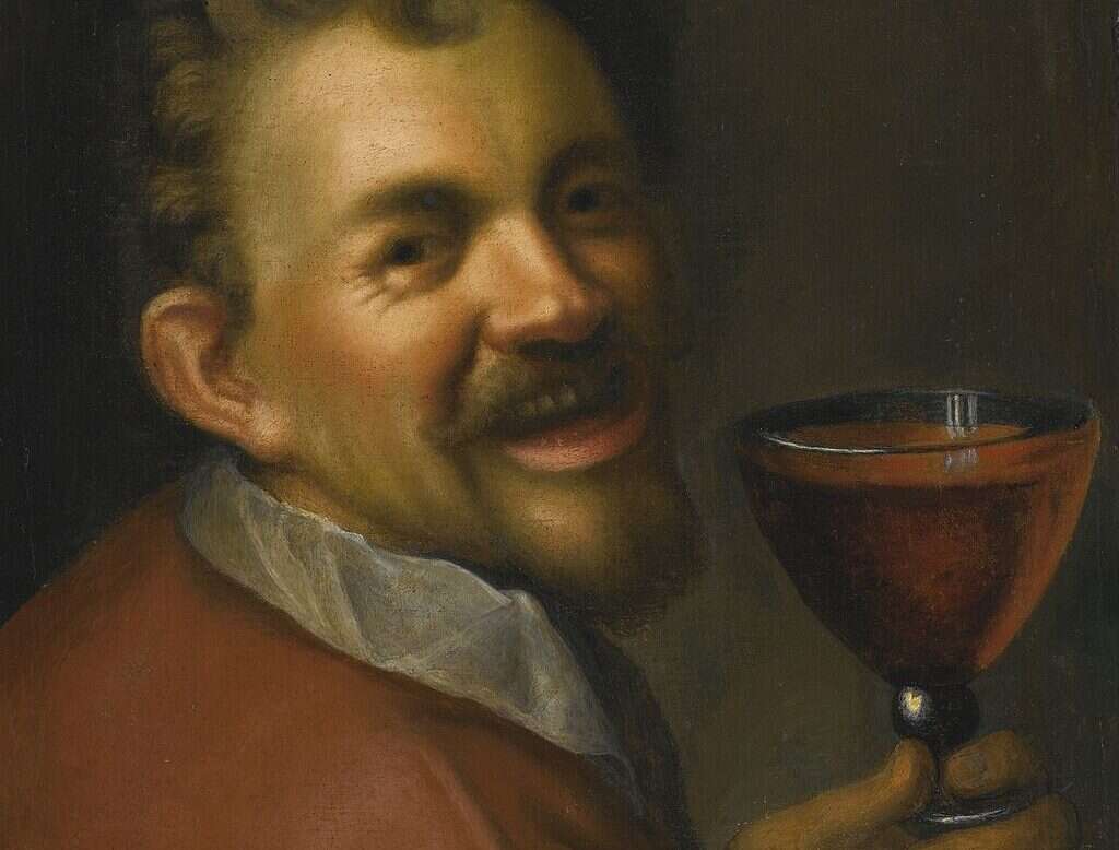 Hans von Aachen's Self-Portrait with a Glass of Wine – a man in a red tunic looking over his shoulder and smiling while holding a glass of wine