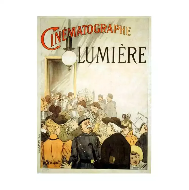 A poster from 1895 depicting a busy room full of people and the words Cinematoraphie Lumière